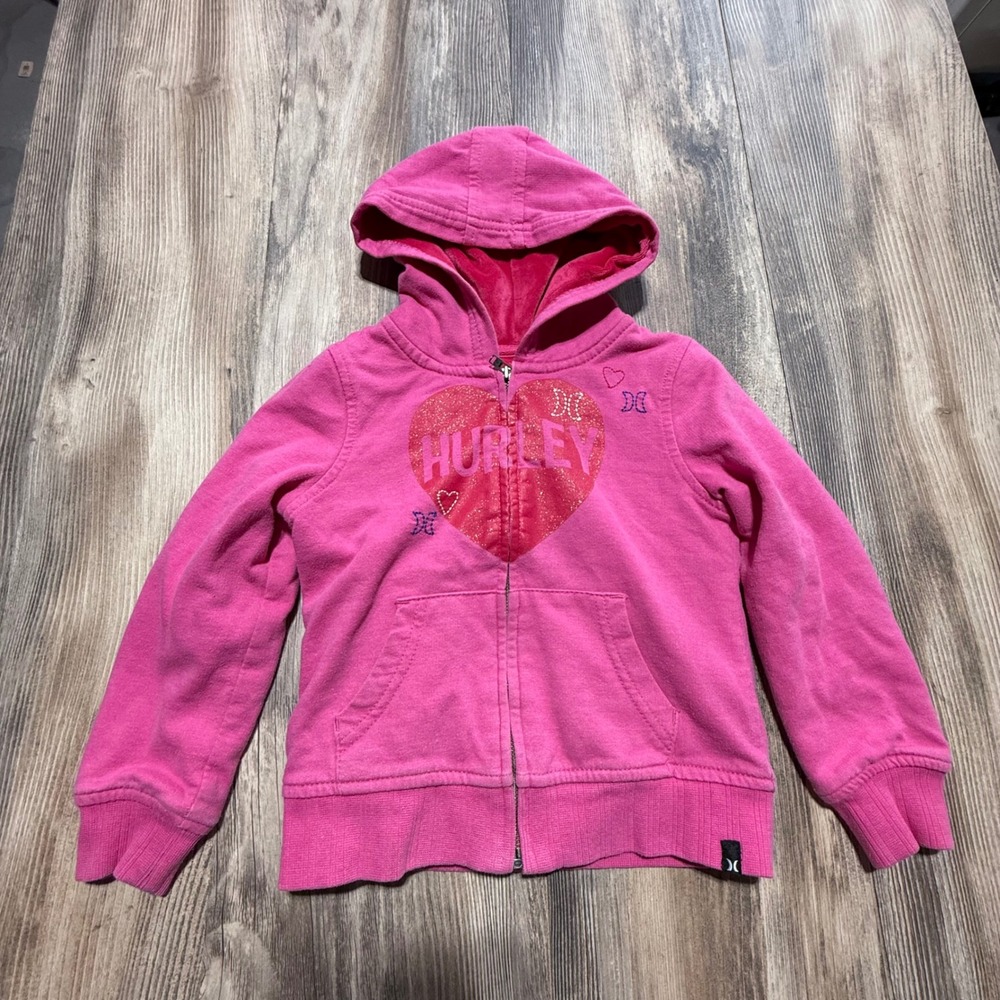 Y2K Hurley Zip Up Hoodie Pink Glitter Heart Surfchic